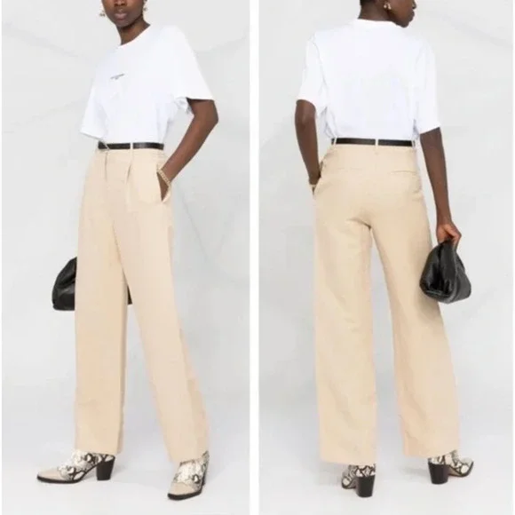 Nili Lotan 2 Dayton $675 Linen Silk Pants High Rise Wide Leg Trouser Pleated Tan
